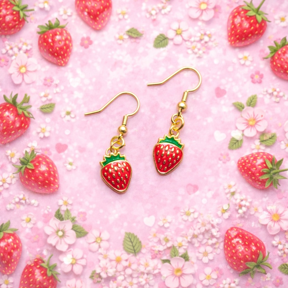 Handmade Strawberry Charm Earrings - Picture 2 of 2